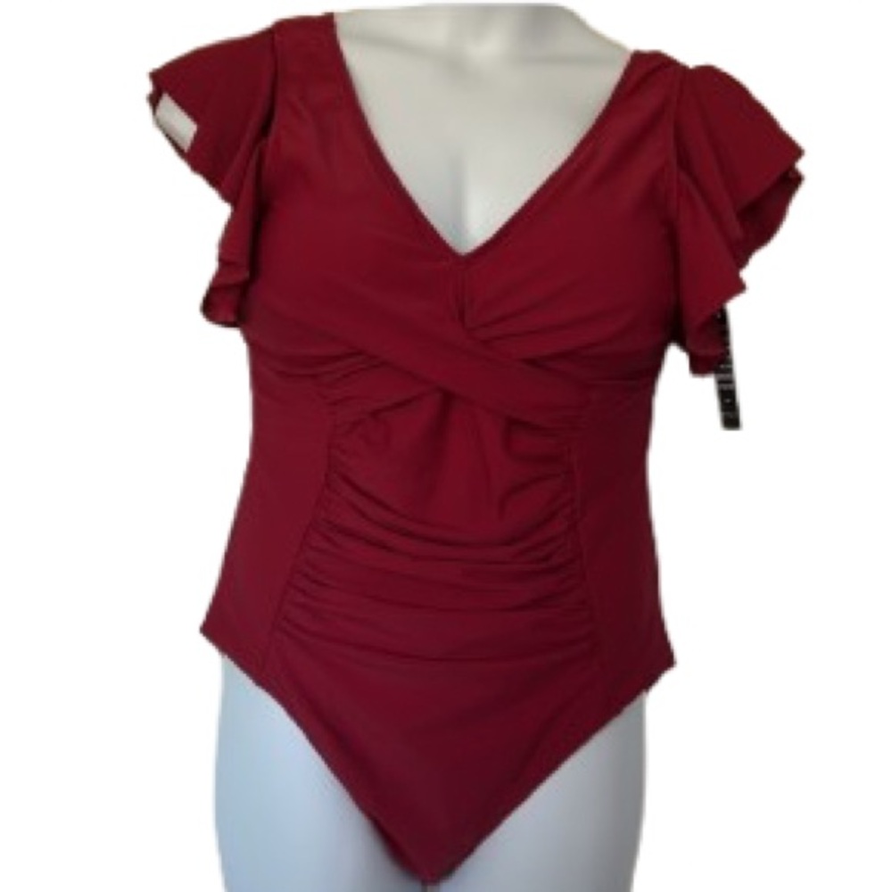 Blooming Jelly One piece Flutter Sleeve Swimsuit, red, ruched detail, v-neck XXL